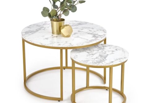 MÁRVÁNY hatású dohányzóasztal szett, sötét arany lábbal