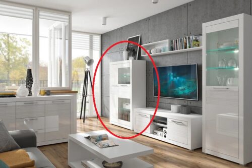 FLINN magas komód (szekrény), üveges szekcióval, fehér