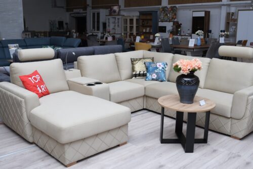 VERGANO moduláris ülőgarnitúra "U" alakban, bézs színben, elektromos és egyéb funkciókkal