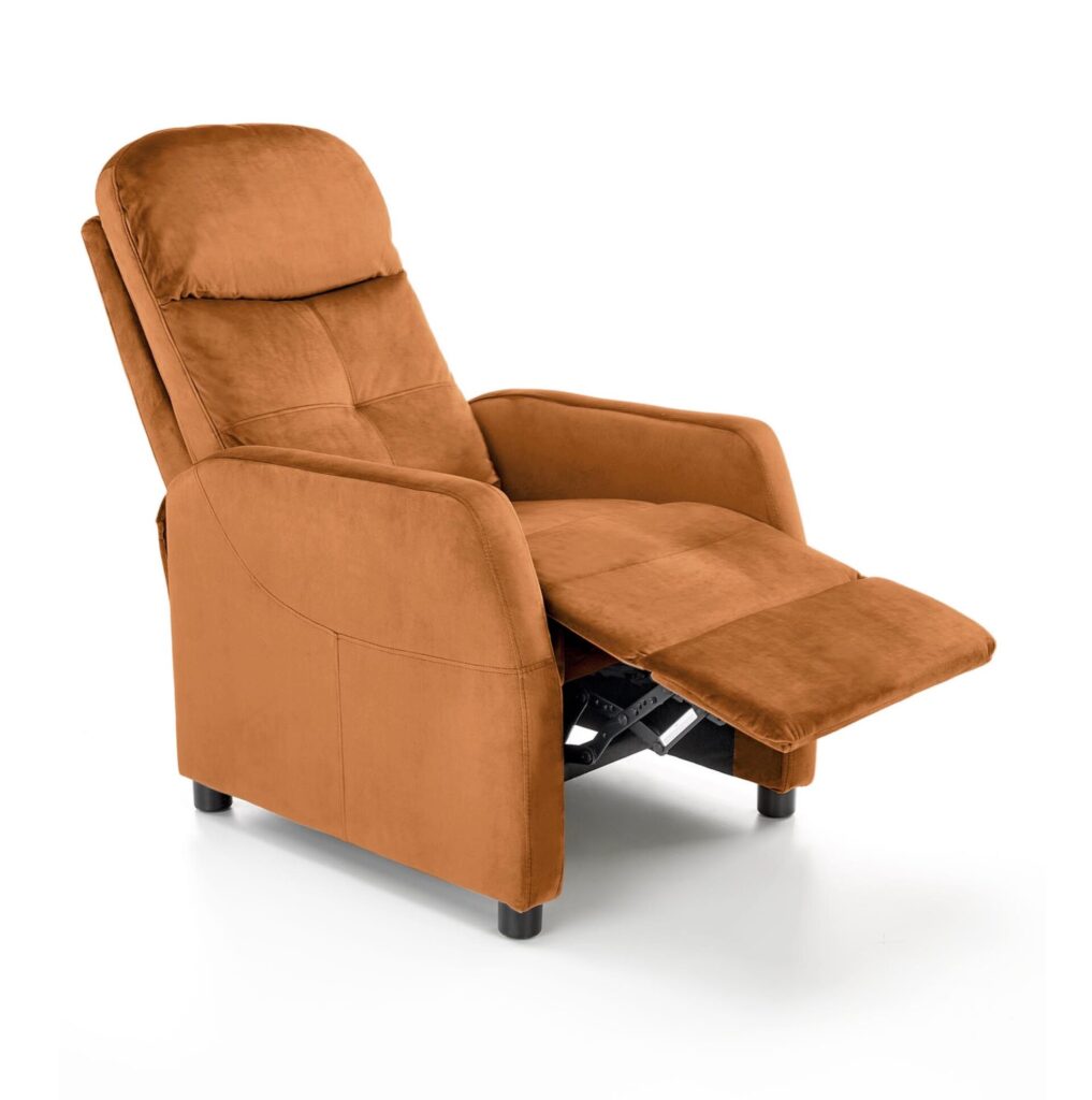 Fancy bársony dönthető relaxfotel fahéj (cinnamon) színben, kinyitott lábtartóval