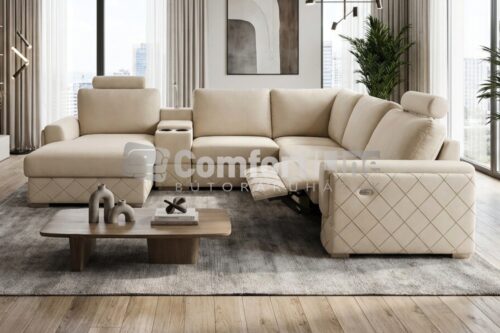 VERGANO moduláris ülőgarnitúra "U" alakban, bézs színben, elektromos és egyéb funkciókkal