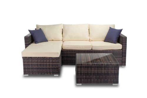KIS HELYIGÉNYŰ polyrattan sarokkanapé szett teraszra, barna - krémszínű