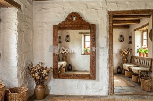 GÖCSEJ rusztikus sötétbarna tükör, pácolt fenyőfa, tulipános motívummal