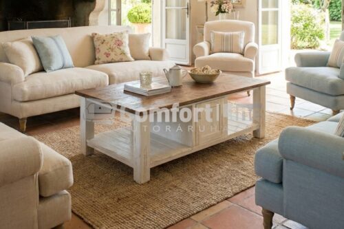 VINTAGE egyedi, nagy fenyőfa dohányzóasztal, rusztikus fehér - barna