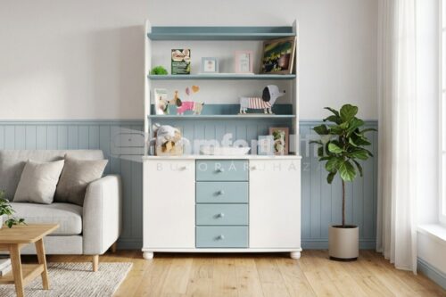 CLAIRE fenyő komód és polc rátét - fehér és pasztellkék festett