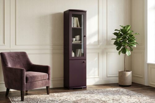 CLAIRE üveges fenyő szekrény, padlizsán színre festve