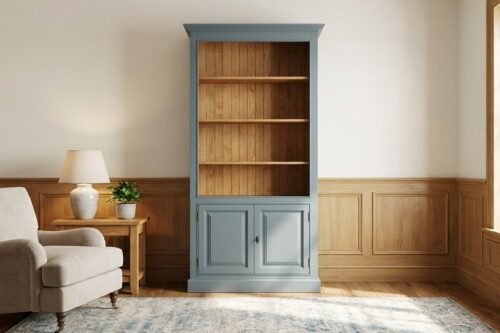 RUSTICO festett fenyő szekrény könyvespolccal, hangulatvilágítással