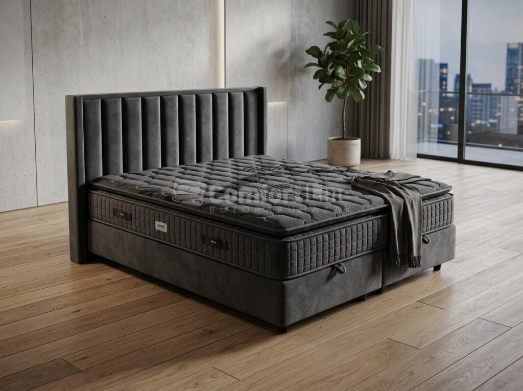 BORDEAUX prémium boxspring franciaágy antracit színben, modern hálószobában