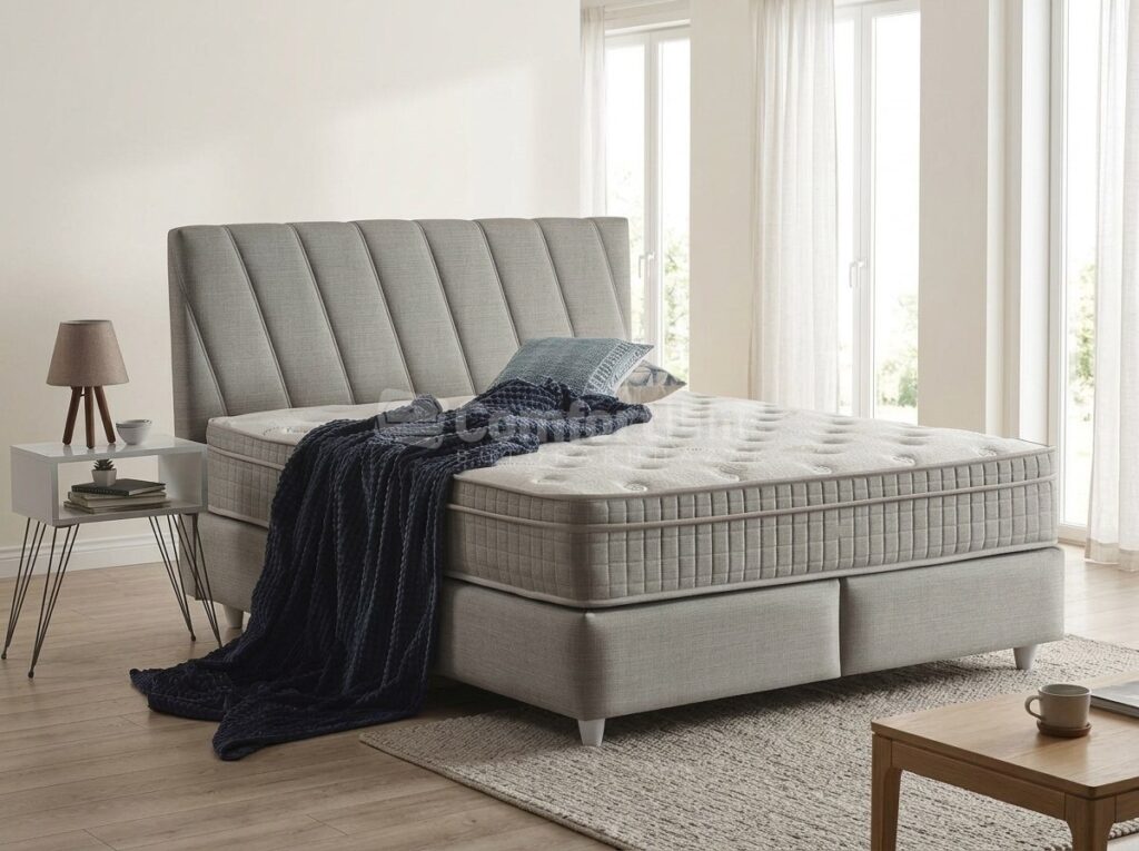 SERENA Luxory boxspring franciaágy ágyneműtartóval, világos, természetes fényű hálószobában