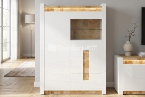 AZURRO magas komód vitrines polccal, LED-es design világítással – fehér korpusz / magasfényű fehér / westminster tölgy, laminált bútorlap, magasfényű – fotó 1